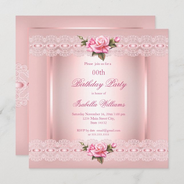 Pretty Floral Blush Pink Roses lace Birthday Invitation (Front/Back)