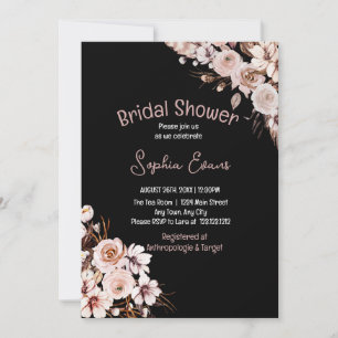 Pretty Floral Boho Black Bridal Shower Invitation
