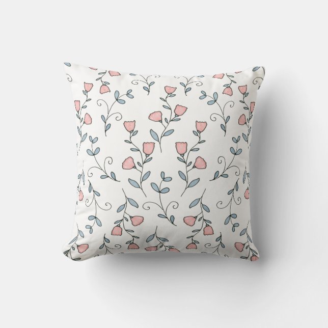 Pretty Floral Boho Blush Pink Lavender on White Cushion (Front)