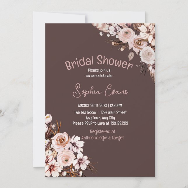 Pretty Floral Boho Brown Bridal Shower Invitation (Front)