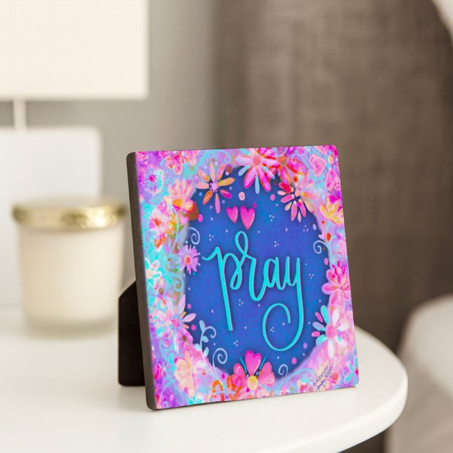 Pretty Floral BoHo Pink Pray Inspirivity  Plaque (Creator Uploaded)