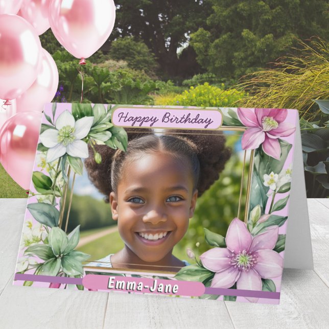 Pretty Floral Border Pink Flowers Happy Birthday Card (A pretty birthday card with pink and white flowers around the edge. Add a name and favorite photo)
