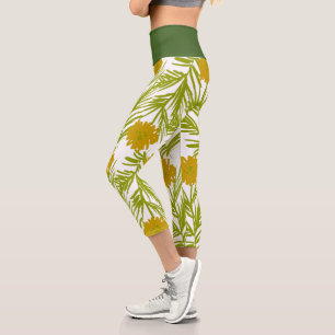 Pretty Floral Botanical Hand Drawn Yellow Capri Leggings