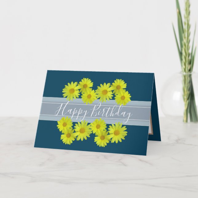 Pretty Floral Bouquet Daisy Flower Blue Birthday Card (Front)