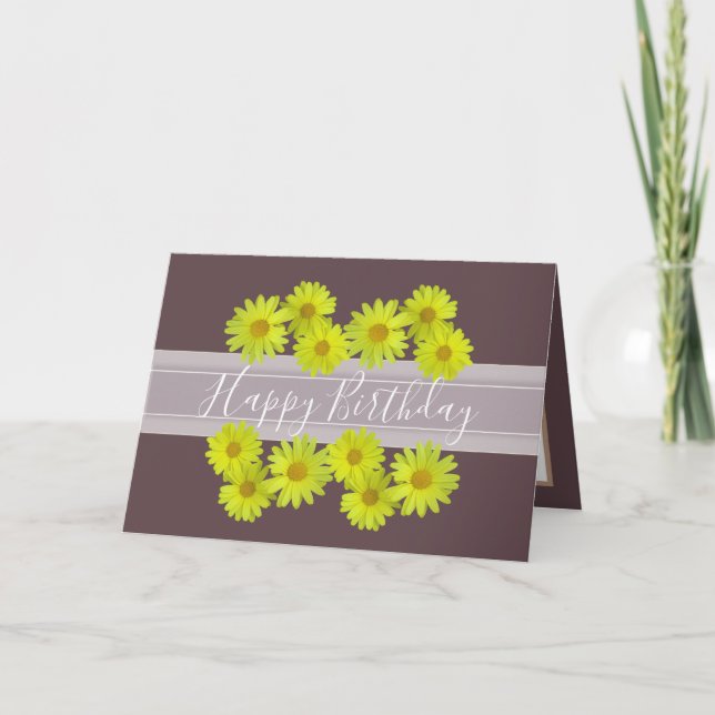 Pretty Floral Bouquet Daisy Flower Brown Birthday Card (Front)