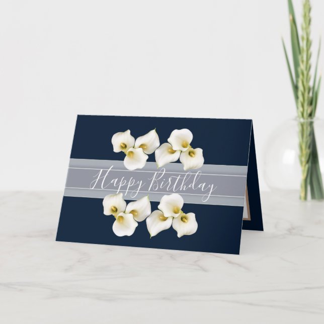 Pretty Floral Bouquet Lilies Flower Navy Birthday Card (Front)