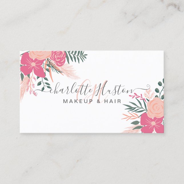 Pretty floral bouquet monogrammed hair makeup business card (Front)