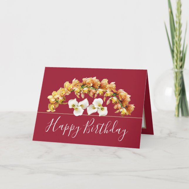 Pretty Floral Bouquet Orchid Lily Flowers Birthday Card (Front)