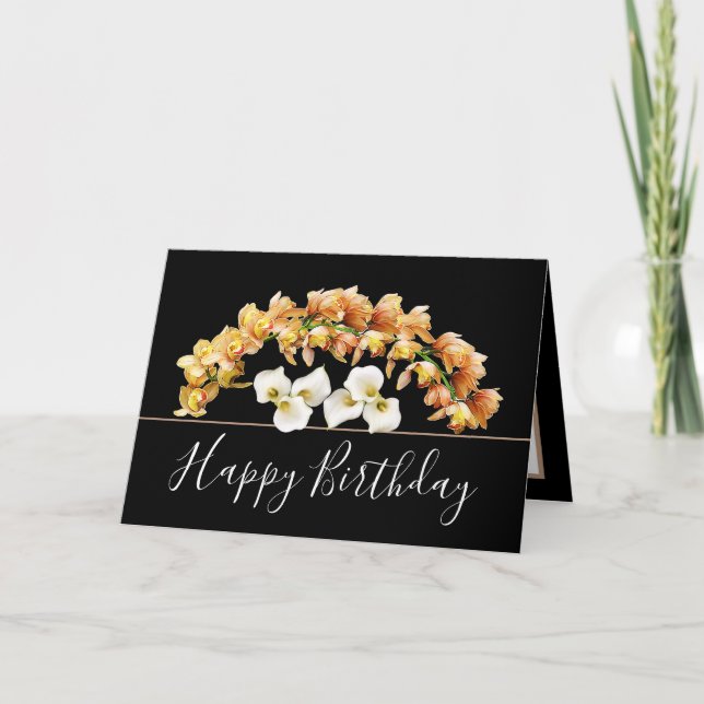 Pretty Floral Bouquet Orchid Lily Flowers Birthday Card (Front)