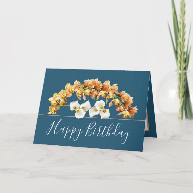 Pretty Floral Bouquet Orchid Lily Flowers Birthday Card (Front)