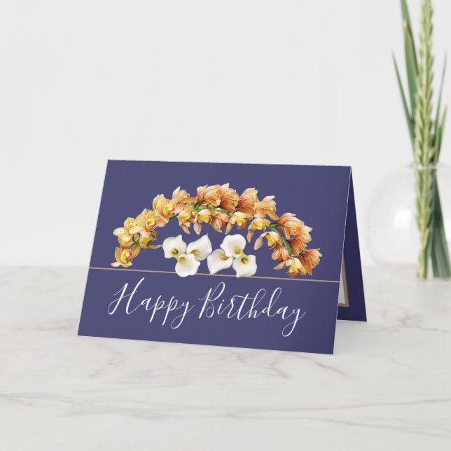 Pretty Floral Bouquet Orchid Lily Flowers Birthday Card (Front)