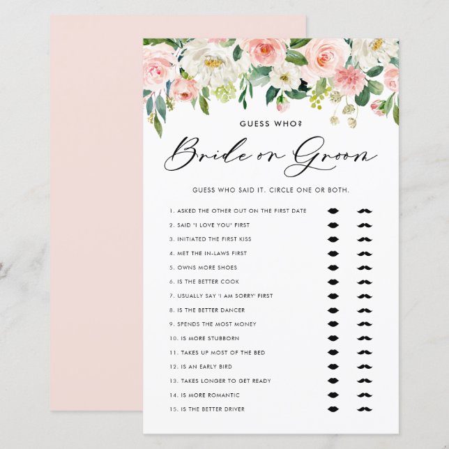 Pretty Floral Bride or Groom Bridal Shower Game (Front/Back)