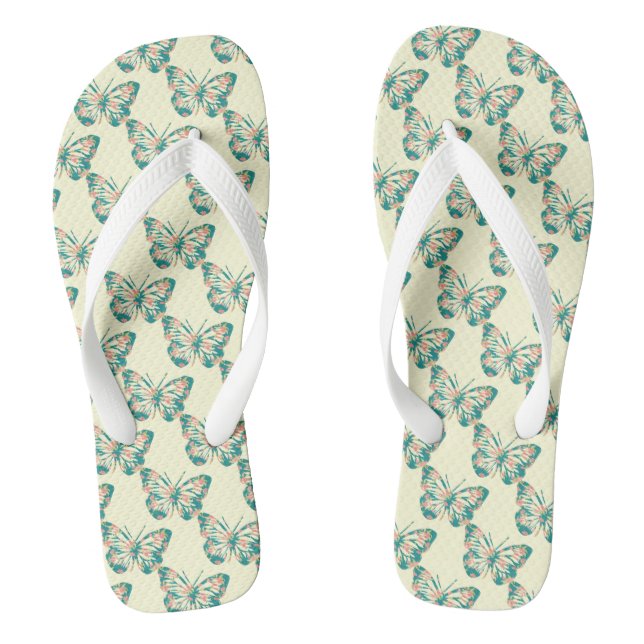 Pretty Floral Butterflies Beige Flip Flops (Footbed)