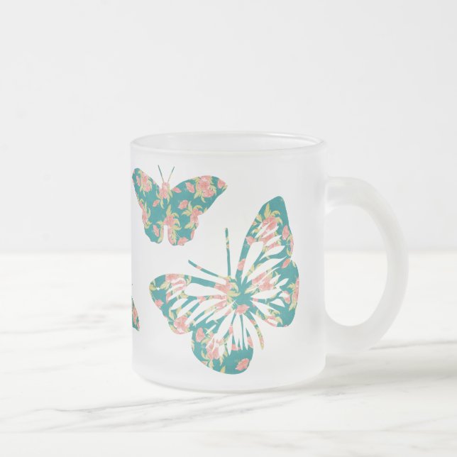 Pretty Floral Butterflies Frosted Glass Coffee Mug (Right)