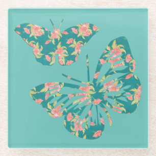 Pretty Floral Butterflies Glass Coaster