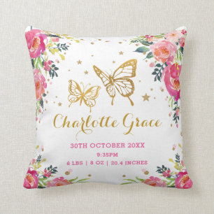 Pretty Floral Butterfly Birth Stats Girl Nursery Cushion