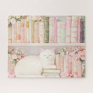 Pretty Floral Cat and Books Jigsaw Puzzle