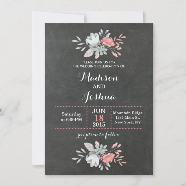 Pretty Floral Chalkboard Wedding Invitations (Front)
