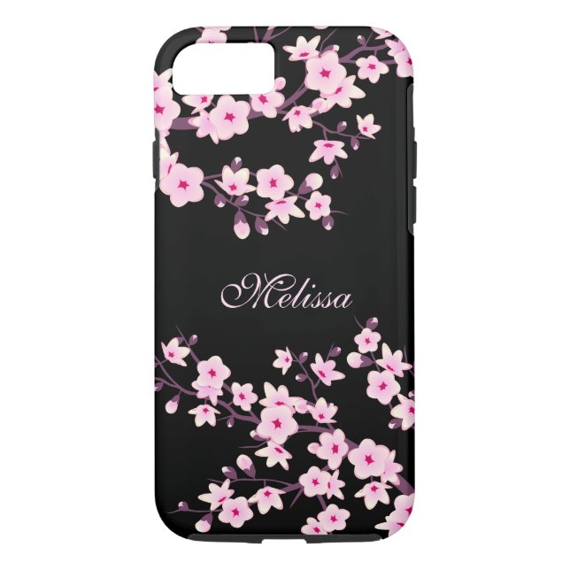 Pretty Floral Cherry Blossom Pink Black Monogram Case-Mate iPhone Case (Back)
