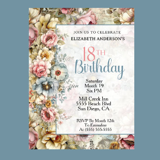 Pretty Floral Collage 18th Birthday Invitation