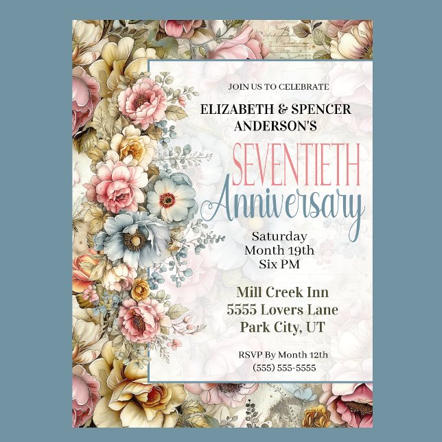 Pretty Floral Collage 70th Wedding Anniversary Invitation (Vintage floral 70th anniversary invitation with watercolor flowers and romantic botanical design
)