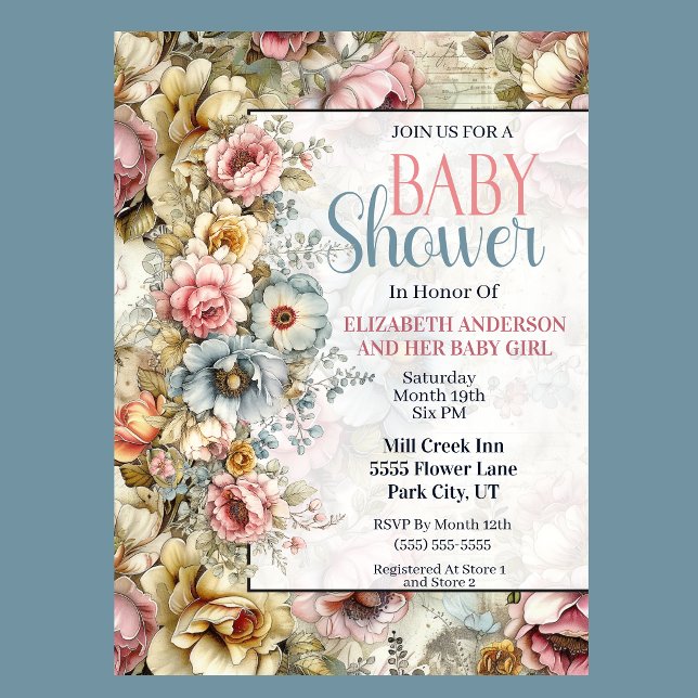 Pretty Floral Collage Baby Shower Invitation (Vintage floral baby shower invitation with watercolor flowers and romantic botanical design
)