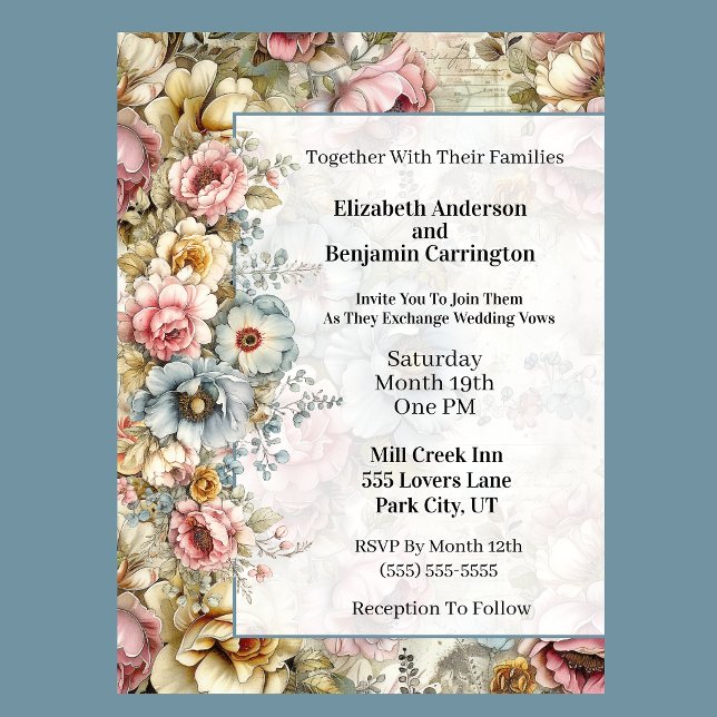 Pretty Floral Collage Wedding Invitation (Vintage floral wedding invitation with watercolor flowers and romantic botanical design
)