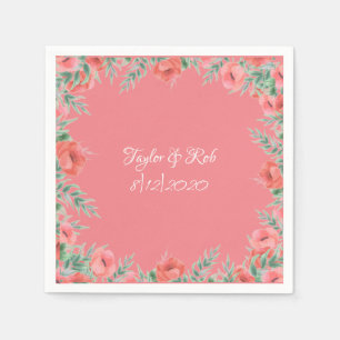 Pretty Floral Coral Pink Peach Script Wedding Napkin