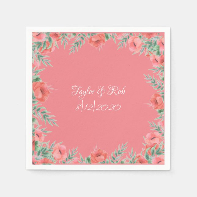 Pretty Floral Coral Pink Peach Script Wedding Napkin (Front)