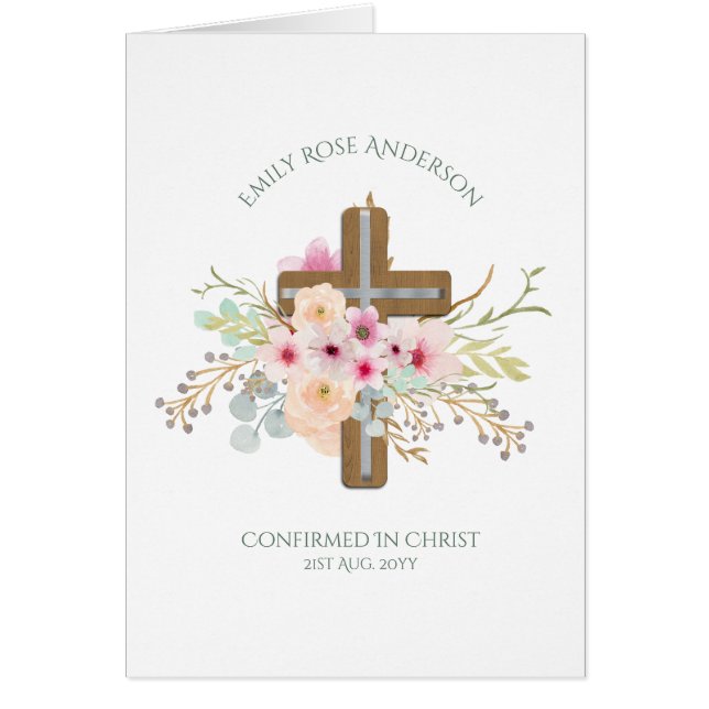 Pretty Floral Cross Confirmation Card Personalized (Front)