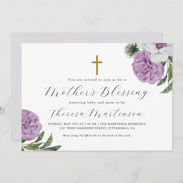 Pretty Floral Cross Mother's Blessing QR Code Rsvp Invitation (Front/Back)