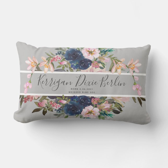 Pretty Floral Custom Birth Date Name of Baby Girl  Lumbar Cushion (Front)