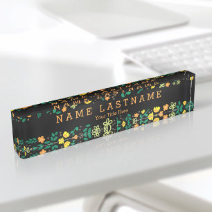 Pretty Floral Custom Title Black Desk Nameplate