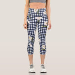 Pretty Floral Daisy Gingham Check Pattern Custom Capri Leggings<br><div class="desc">Super cute,  high-quality,  comfortable high-waisted capri leggings featuring a pattern of pretty white daisies set against a blue and white gingham check background.  Add custom text,  monogram,  etc. to personalize. Perfect for working out or just hanging out.</div>