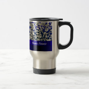 Pretty floral damask on blue travel mug