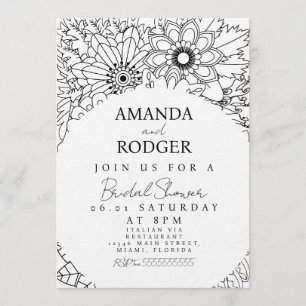 Pretty Floral Doodles Black White Bridal Shower Invitation