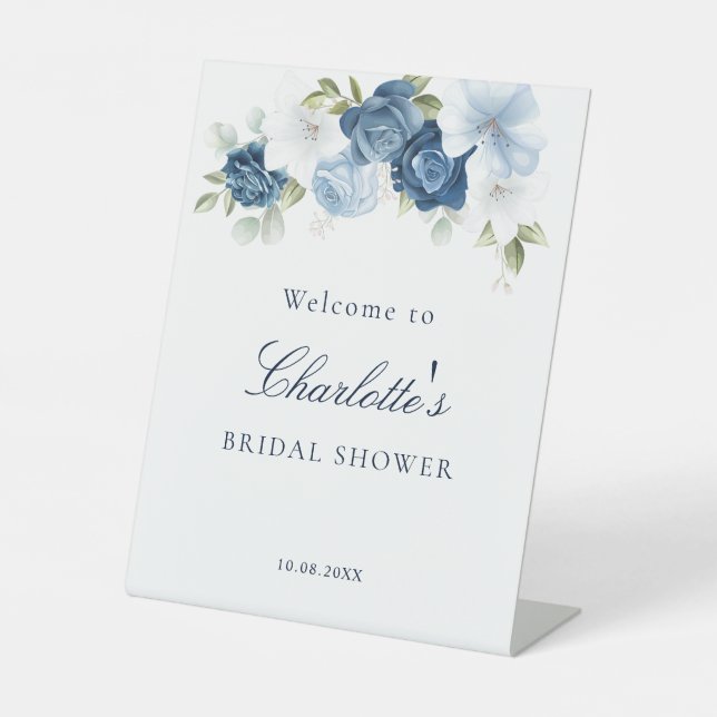 Pretty Floral Dusty Blue Bridal Shower Pedestal Sign (Front)