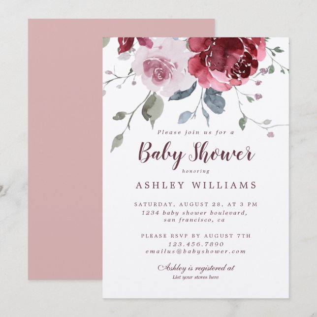Pretty Floral Dusty Pink Rose Burgundy Baby Shower Invitation (Front/Back)