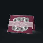 Pretty Floral Elegant Dahlia Flower Red Birthday Card<br><div class="desc">Decorative dahlias against a wine-red colour background. The flowers surround the birthday greeting text which uses an attractive script typography font against a white translucent sash. The flowers cover the front of this card which can be used as a thank you card, a birthday card, or any other card of...</div>