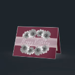 Pretty Floral Elegant Dahlia Flower Red Birthday Card<br><div class="desc">Decorative dahlias against a wine-red colour background. The flowers surround the birthday greeting text which uses an attractive script typography font against a white translucent sash. The flowers cover the front of this card which can be used as a thank you card, a birthday card, or any other card of...</div>