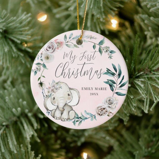 Pretty Floral Elephant Girl Baby 1st Christmas Ceramic Tree Decoration (Tree)