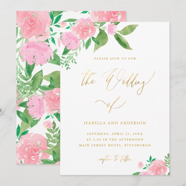 Pretty Floral Faux Gold Calligraphy Wedding Invitation (Front/Back)