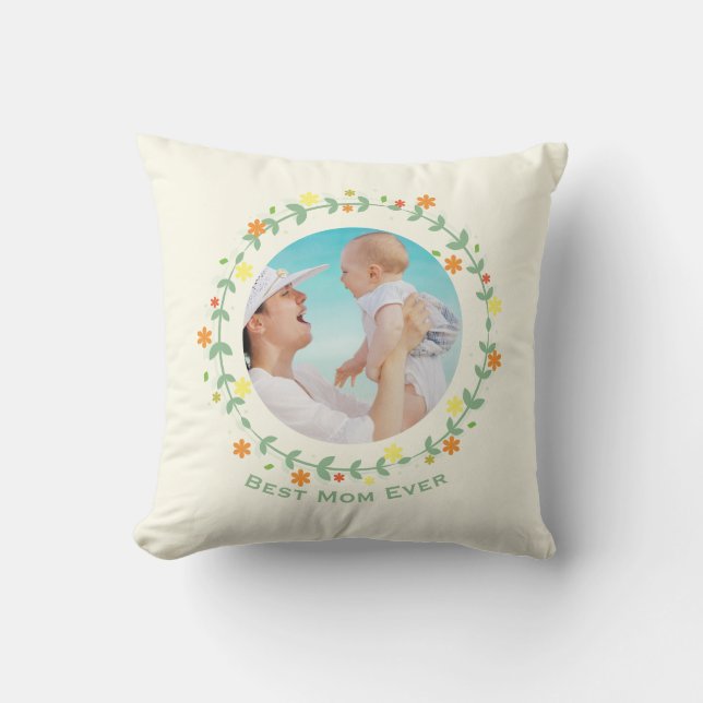Pretty Floral Frame Custom Photo Best Mum Cushion (Front)