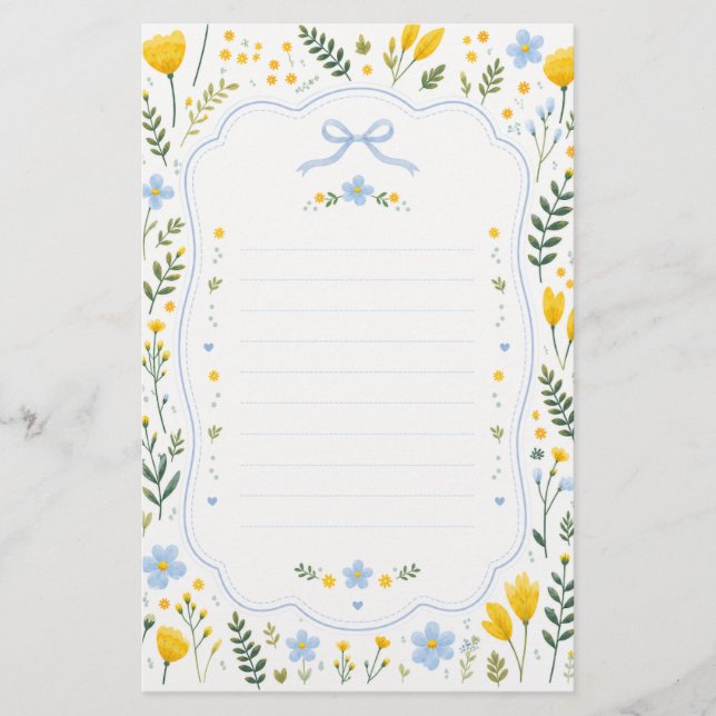 Pretty Floral Frame Lined Stationery Paper (Front)