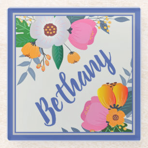 Pretty Floral Frame Personalised Glass Coaster