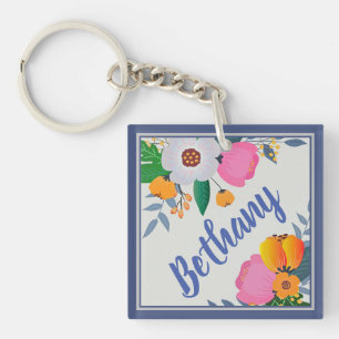 Pretty Floral Frame Personalised Key Ring