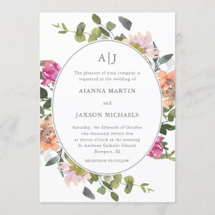 Pretty Floral Frame with Greenery Wedding Invitation