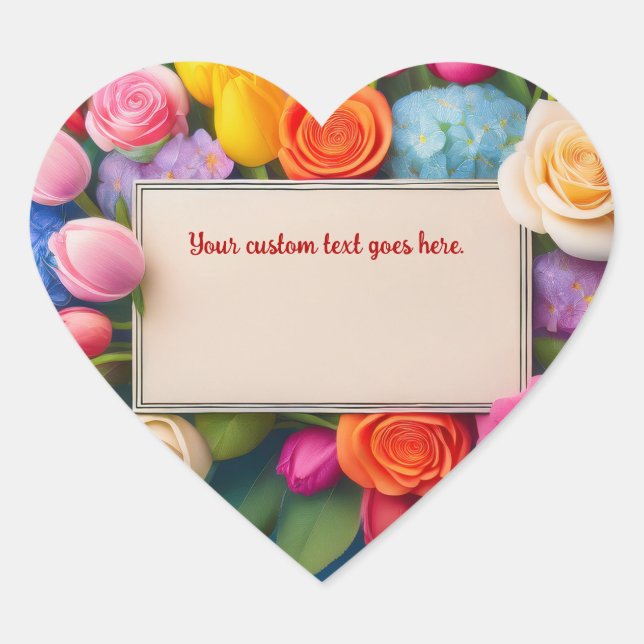 Pretty Floral Framed Roses Tulips Hydrangea Custom Heart Sticker (Front)
