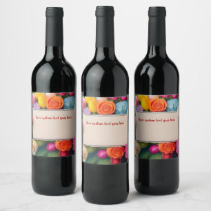 Pretty Floral Framed Roses Tulips Hydrangea Custom Wine Label