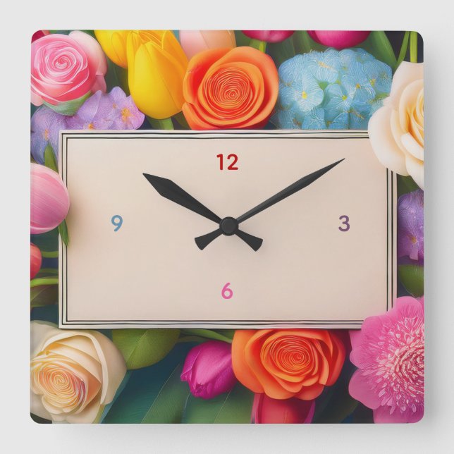 Pretty Floral Framed Roses Tulips Hydrangea Square Wall Clock (Front)